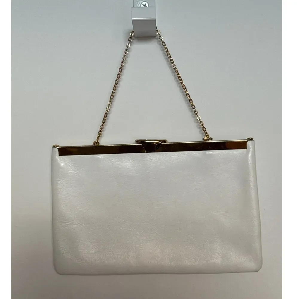 70s Etra white clutch with gold metal frame and matching gold chain strap